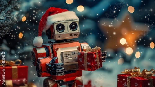 Futuristic robot dressed as Santa Claus holding a red gift box with a golden ribbon. The scene features a festive Christmas ambiance with glowing lights and falling snow, combining holiday traditions 