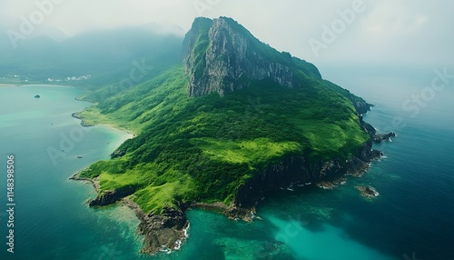 Aerial shot of Jeju Islandâ€™s Seongsan Ilchulbong Peak, with lush greenery and turquoise waters surrounding it photo