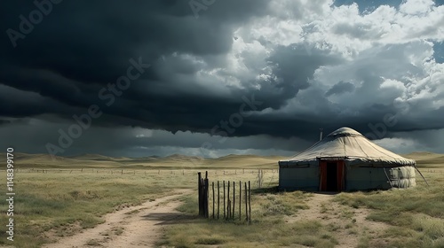 Front view of a traditional Mongolian ger in a vast open steppe under a dramatic cloudy sky