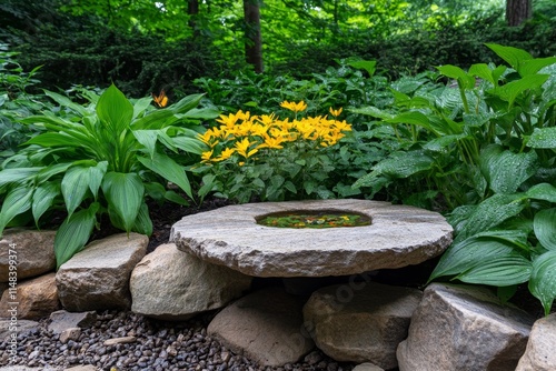 A wildlife-friendly garden with birdhouses, butterfly plants, and a small stone birdbath