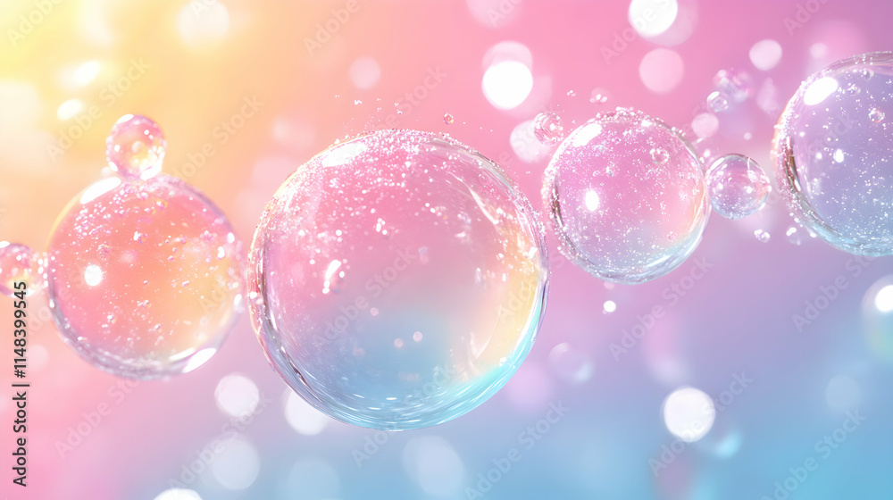 Pastel Rainbow Bubbles, Abstract Background with Shimmering Spheres and Soft Gradient