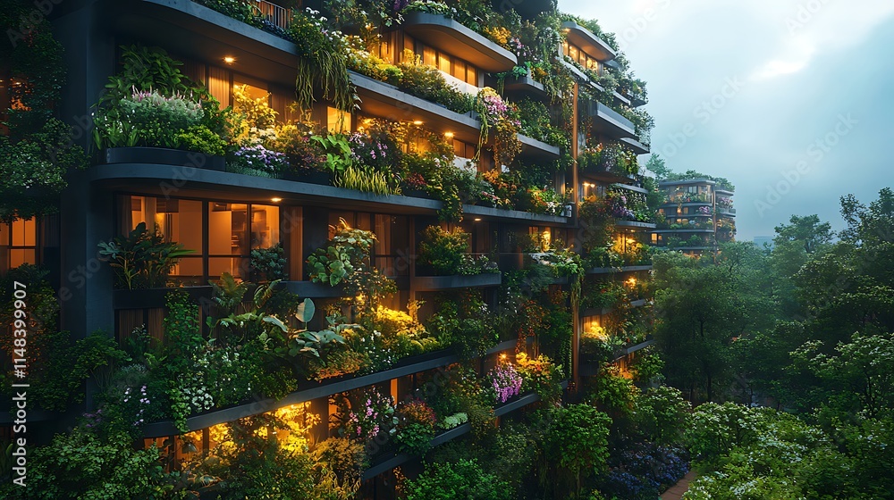 Fototapeta premium Modern glass house integrates eco conscious design with vibrant greenery and tranquility image