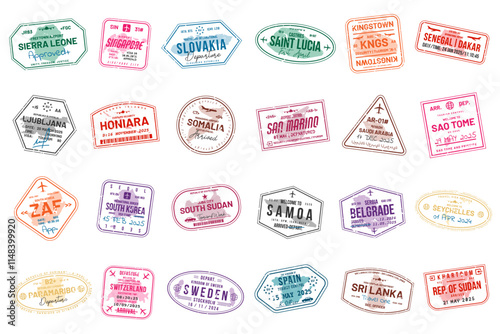 Collection of travel visa stamps for passports. Abstract stamps from international and immigration offices. Arrival and departure visa stamps for customs to the country. Vector