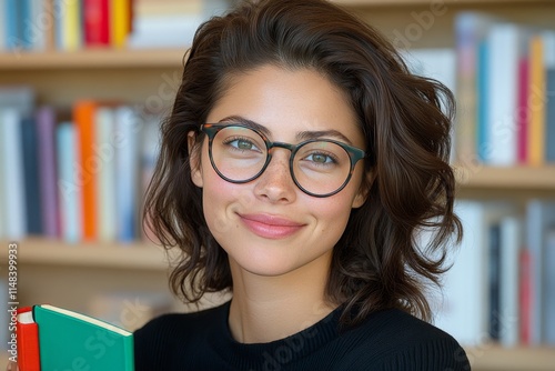 A woman in round tortoiseshell glasses reading a hardcover book in a cozy library filled with shelves of books photo