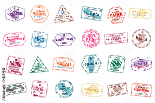 Collection of travel visa stamps for passports. Abstract stamps from international and immigration offices. Arrival and departure visa stamps for customs to the country. Vector