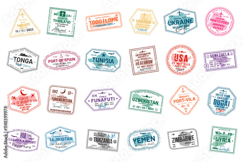 Collection of travel visa stamps for passports. Abstract stamps from international and immigration offices. Arrival and departure visa stamps for customs to the country. Vector