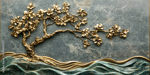 Golden Tree Relief Sculpture on Marble Background, Elegant Wall Art Decor Piece