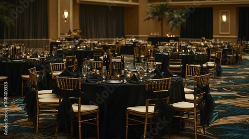 Elegant black and gold themed banquet hall setup for a formal event with round tables, chiavari chairs, and dimmed lighting. photo