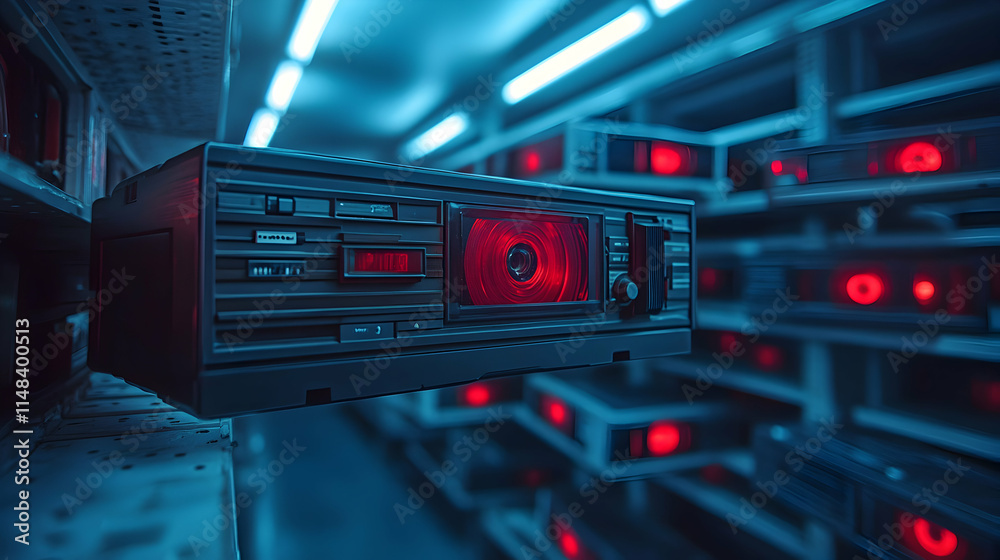 Fototapeta premium Retro Futuristic Device, A Glowing Red Eye in a Dark Data Center, Sci-Fi Aesthetic