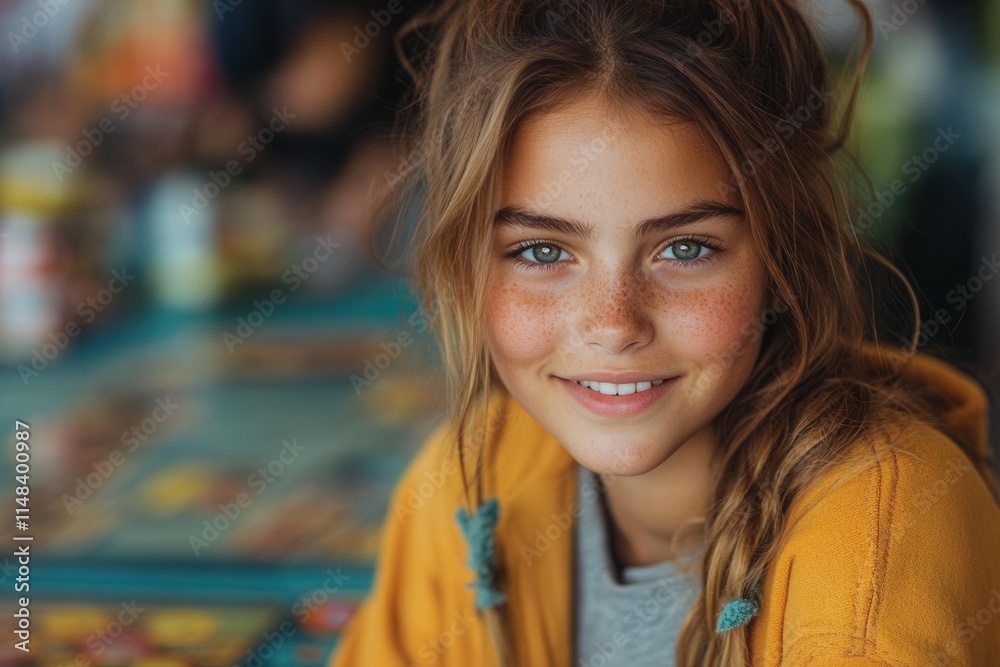 A smiling girl with freckles in a casual setting, exuding warmth and joy. A smiling girl with freckles in a casual setting, exuding warmth and joy.