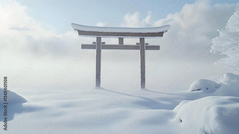 Front view of a traditional torii gate submerged in snow at Lake Tazawa, with a peaceful and ethereal atmosphere, in 4K resolution Front view of a traditional torii gate submerged in snow at Lake Tazawa, with a peaceful and ethereal atmosphere, in 4K resolution