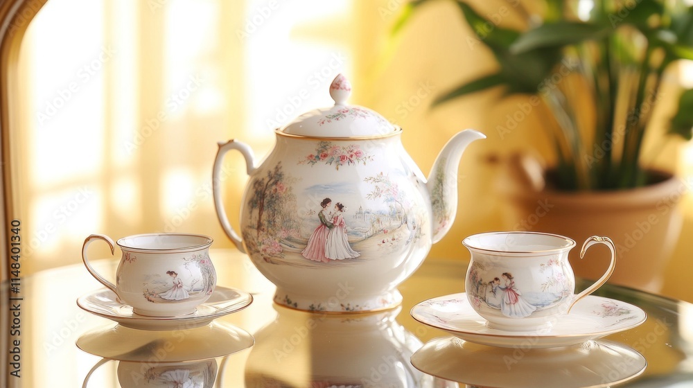 Elegant teapot and two teacups with painted pastoral scene on glass table. Elegant teapot and two teacups with painted pastoral scene on glass table.