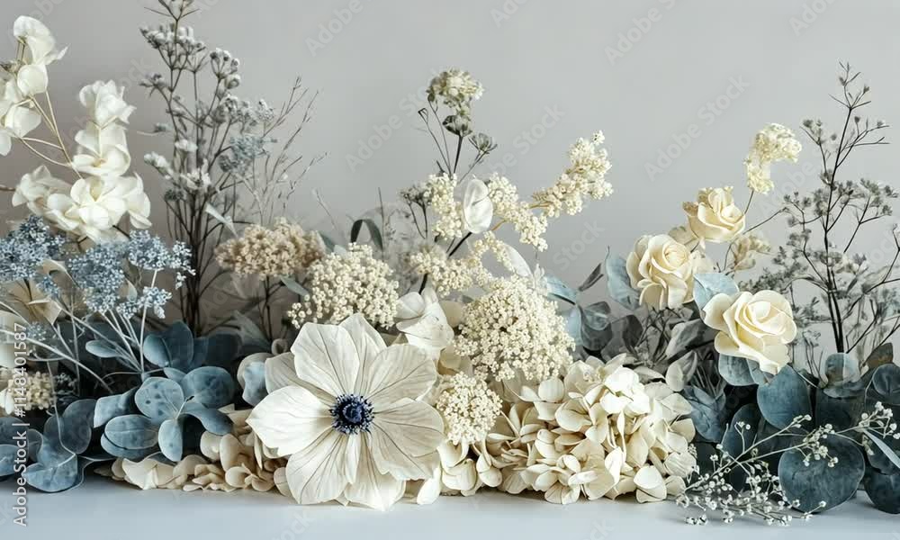 Elegant arrangement of white and blue flowers against light background