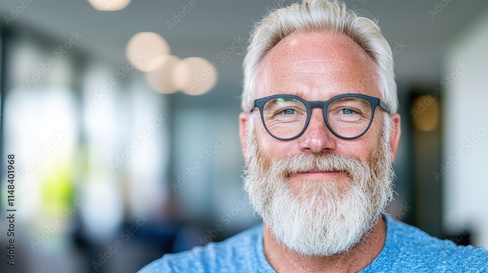 Portrait of a smiling mature man with glasses and a beard.