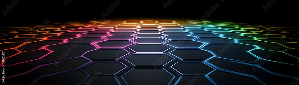 Obraz premium Rainbow Hexagon Pattern, Abstract Geometric Design with Vibrant, Glowing Edges creates a dynamic, futuristic landscape.
