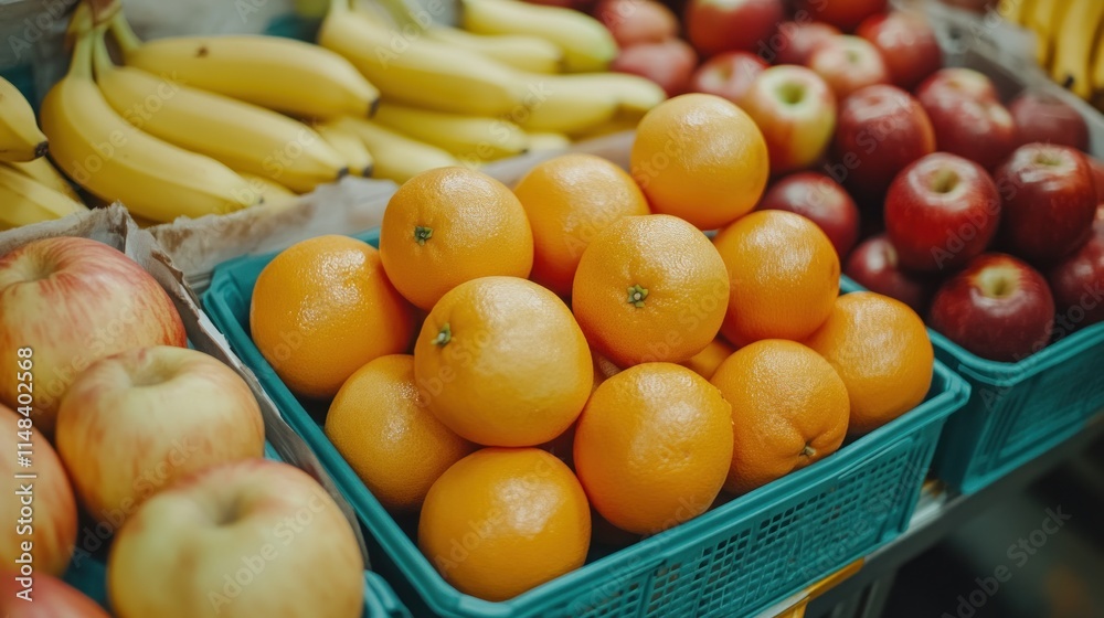 Fresh oranges, apples, and bananas in market crates. Fresh oranges, apples, and bananas in market crates.