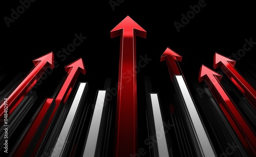 3D arrow graph going up , isolated on a black background. Below are white bar chart bars, and above are red upward arrows. This image has high resolution, detailed textures, and a realistic style. photo