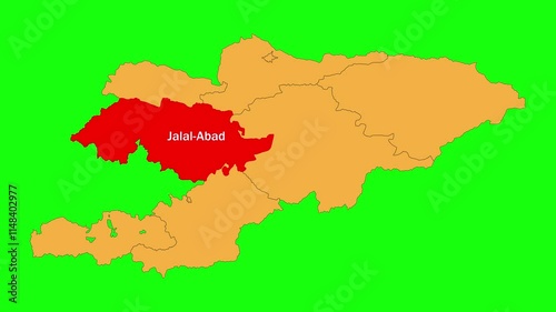 Jalal-Abad map animated video. The location is highlighted on the Kyrgyzstan map. Colour map with Green screen background in video format.