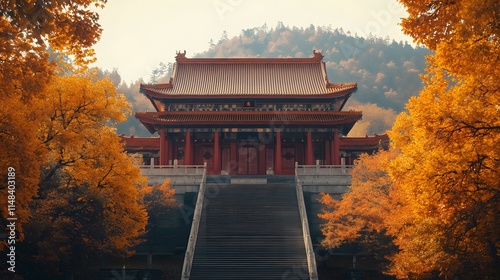 Front view of the Xiangshan Temple in Chengde, surrounded by vibrant autumn foliage under a serene sky, in 4K resolution