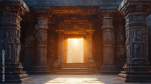 Front view of the Sun Temple in Konark, surrounded by intricate carvings glowing softly under the warm sunlight, in 4K resolution