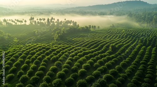Aerial shot of the scenic Coorg coffee plantations, with mist rising over lush green hills, in 4K resolution