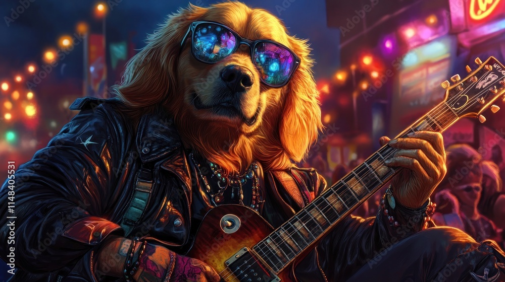 Cool golden retriever dog playing electric guitar in city at night. Cool golden retriever dog playing electric guitar in city at night.