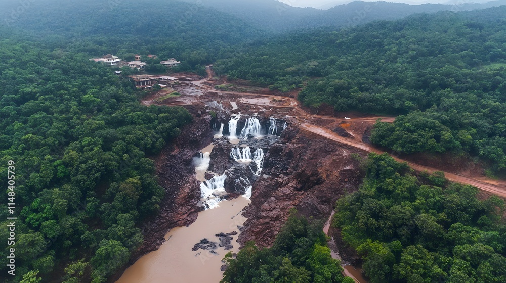 Obraz premium Aerial shot of the scenic Dudhsagar Waterfalls, with water cascading dramatically through dense forests, in 4K resolution