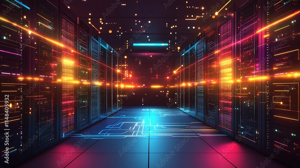 Server room with glowing lights. Server room with glowing lights.