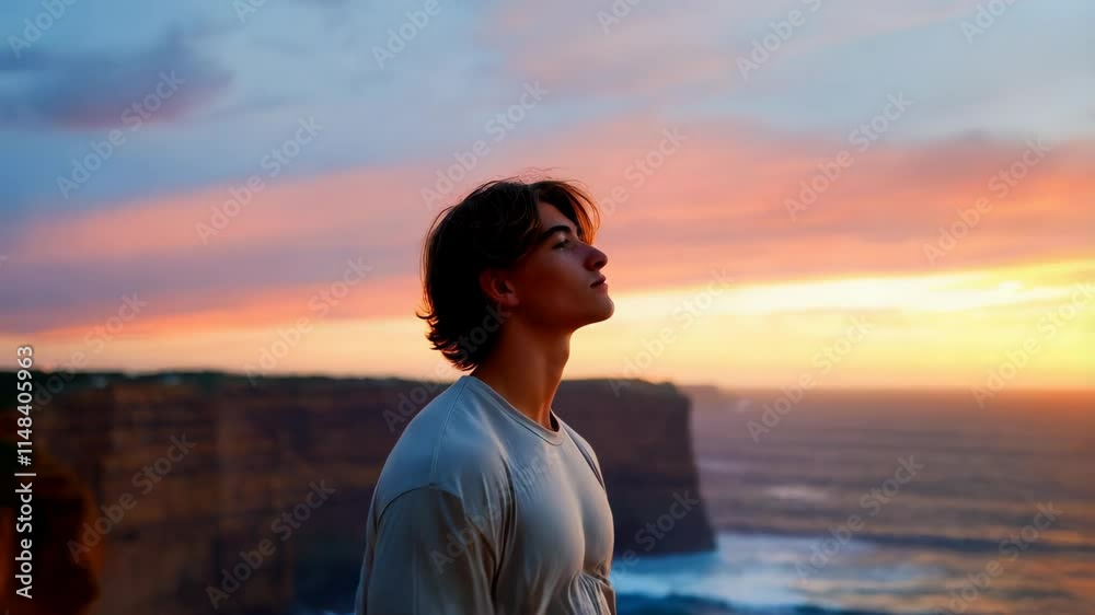 A young White man gazes at the vibrant sunset while standing on a cliff, admiring the view of the ocean and rocky coastline A young White man gazes at the vibrant sunset while standing on a cliff, admiring the view of the ocean and rocky coastline