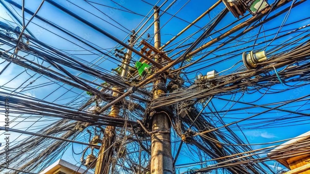 Fototapeta premium Tangled Power Lines, Electrical Pole Chaos, Panoramic Blue Sky, Messy Cables, Overhead Wires, Electrical Infrastructure