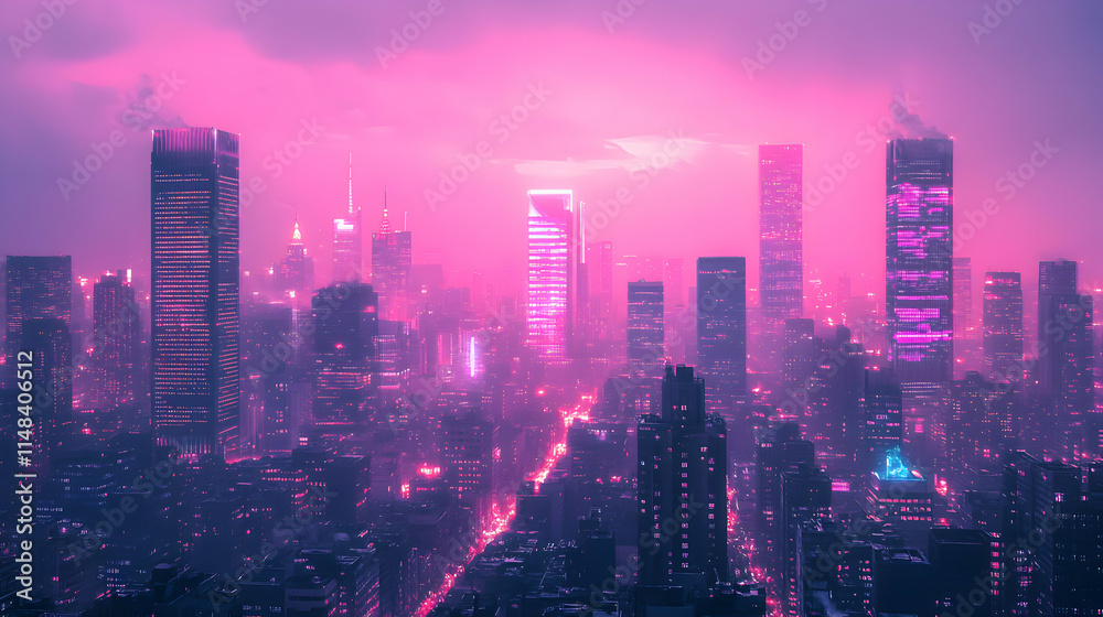 Fototapeta premium Pink Cityscape, Neon Lights Illuminate Futuristic Metropolis at Night