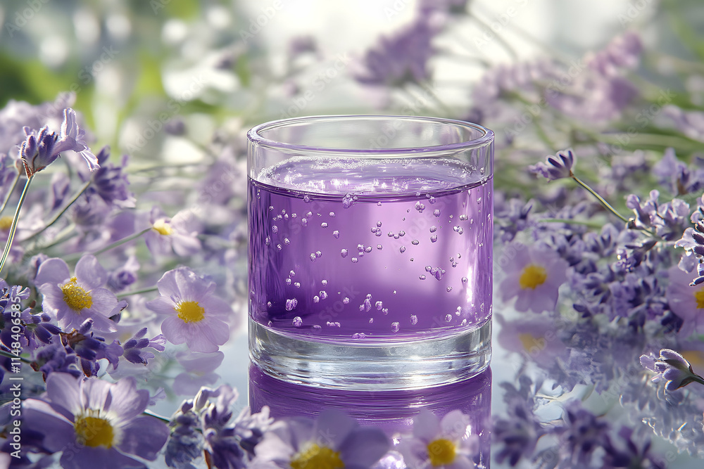 Sparkling Purple Drink amidst Lavender Flowers; A Vibrant Floral Still Life Photo Sparkling Purple Drink amidst Lavender Flowers; A Vibrant Floral Still Life Photo