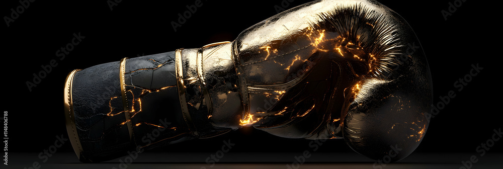Naklejka premium Golden Boxing Glove, Abstract Art, Glowing Cracks, Dark Background