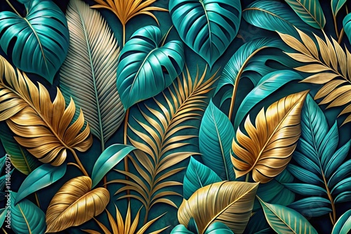 Wallpaper Mural Teal Gold Tropical Leaves Fabric Wallpaper Design, Lush Foliage Print, Botanical Decor Pattern Torontodigital.ca