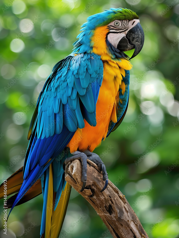 Vibrant Blue and Yellow Parrot Perched on a Branch with Lush Green Background, Ideal for Wildlife and Nature Photography Enthusiasts Vibrant Blue and Yellow Parrot Perched on a Branch with Lush Green Background, Ideal for Wildlife and Nature Photography Enthusiasts