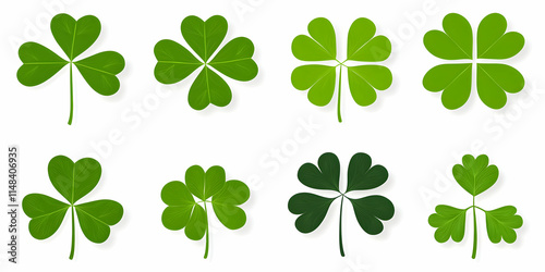 Collection of Illustrated Clover Leaves, Vibrant Green Foliage, Heart-Shaped Details, Botanical Illustration, Nature Theme