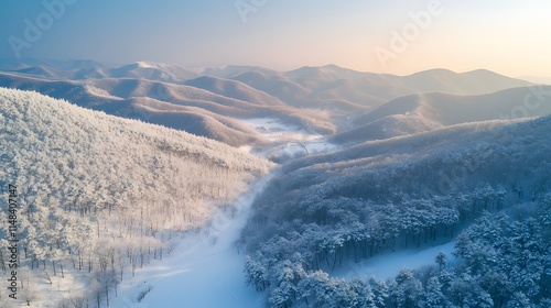 Aerial shot of the serene Taebaek Mountain Range covered in fresh snow, with soft light creating a peaceful winter scene, in 4K resolution photo