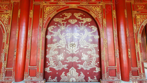 Dragons And Traditional Detailed Painted On Wooden Door Of Emperor Mausoleum In Thua Thien - Hue, Vietnam.