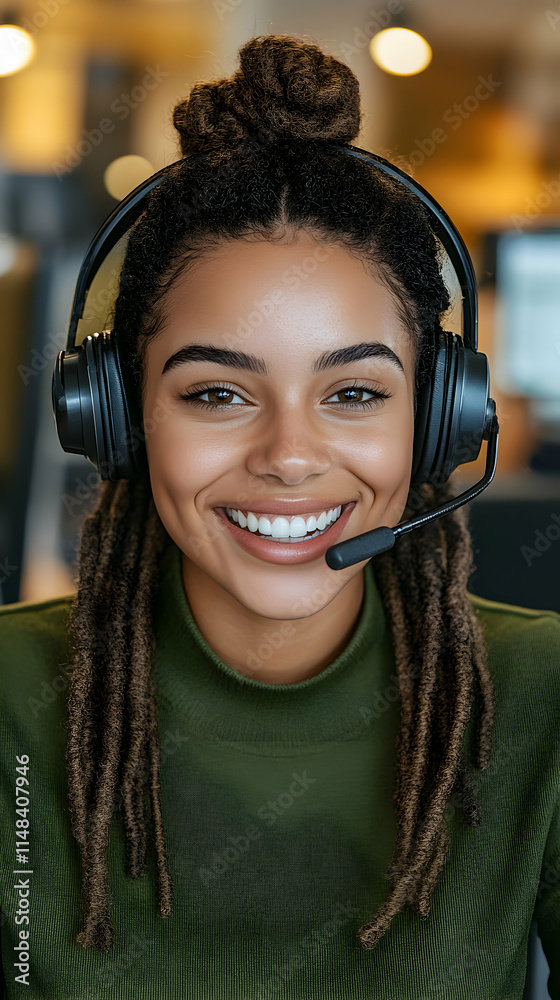 Smiling Woman with Headset, Customer Service Representative in Office Smiling Woman with Headset, Customer Service Representative in Office