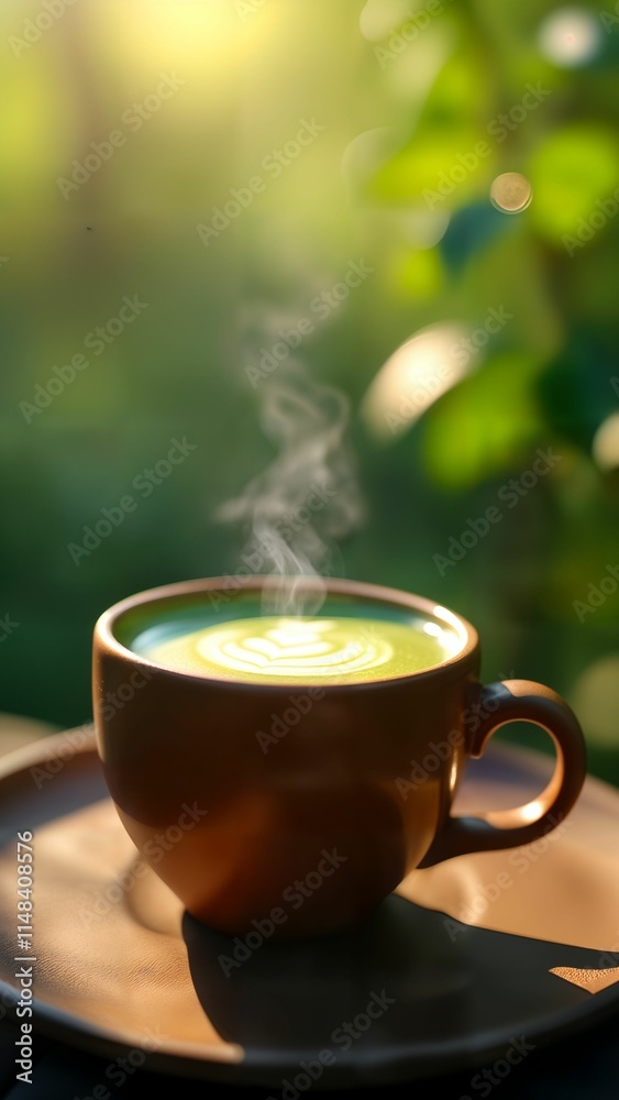 Fototapeta premium Warm Matcha Latte in Serene Nature
