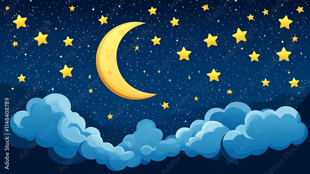 Naklejka premium Night sky with moon, stars, clouds.