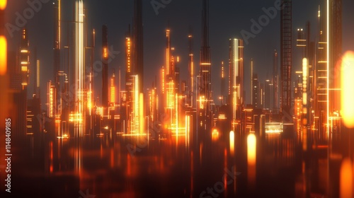 A vibrant cityscape with glowing towers and abstract lighting, depicting a futuristic urban environment.