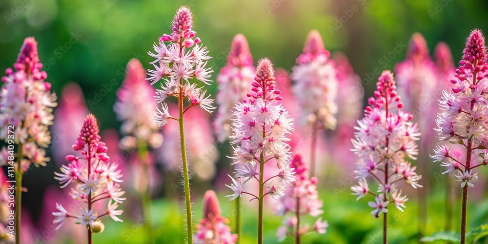 Obraz premium Tiarella Pink Skyrocket Flower Photography: Stunning Close-Up Images & Garden Bloom