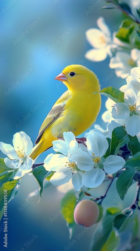 A yellow finch perched on the white flowers A yellow finch perched on the white flowers