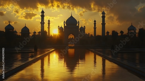 Front view of the Badshahi Mosque in Lahore glowing under the golden sunset, with a regal and spiritual atmosphere, in 4K resolution