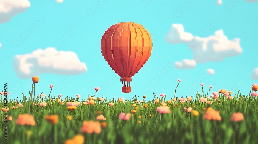 Fototapeta premium Pixel hot air balloon over flower field.