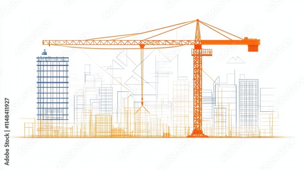 A construction crane and building outline in orange and blue, representing urban development and architectural design. A construction crane and building outline in orange and blue, representing urban development and architectural design.