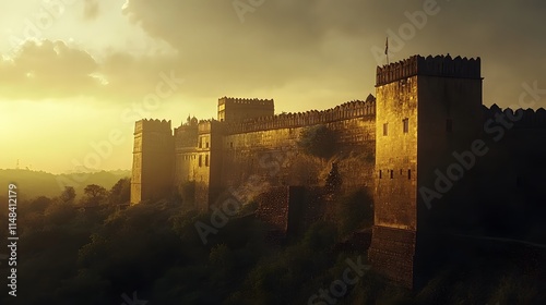 Front view of the historic Rohtas Fort, glowing under soft golden light with a majestic tone, in 4K resolution photo