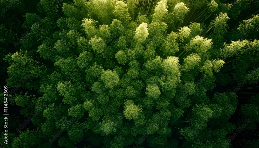 Fototapeta premium Aerial shot of Arashiyama Bamboo Grove in Kyoto, showing the intricate pattern of towering green bamboo