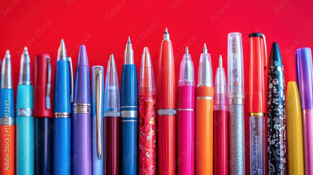 Colorful pens arranged in a row against a red background. Colorful pens arranged in a row against a red background.